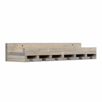 Wall-mounted wine rack in dark walnut, handmade solid wood furniture with slots for stemware, modern rustic style floating.