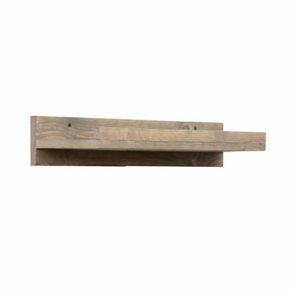 Rustic gray solid wood floating wall shelf with integrated hanging wine glass rack, handmade furniture.