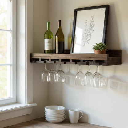 Wall-mounted wine rack in dark walnut, handmade solid wood furniture with slots for stemware, modern rustic style floating.