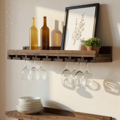 Wall-mounted wine rack in dark walnut, handmade solid wood furniture with slots for stemware, modern rustic style floating.