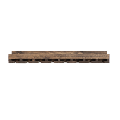 Wall-mounted wine rack in dark walnut, handmade solid wood furniture with slots for stemware, modern rustic style floating.