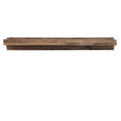 Rustic gray solid wood floating wall shelf with integrated hanging wine glass rack, handmade furniture.