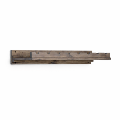 Handmade solid wood wall-mounted wine rack in dark walnut with floating shelf design, modern rustic furniture style.