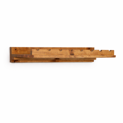 Handmade solid wood wall-mounted wine rack in dark walnut with floating shelf design, modern rustic furniture style.