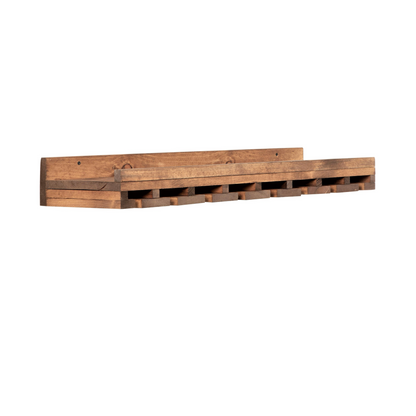 Wall-mounted wine rack in dark walnut, handmade solid wood furniture with slots for stemware, modern rustic style floating.
