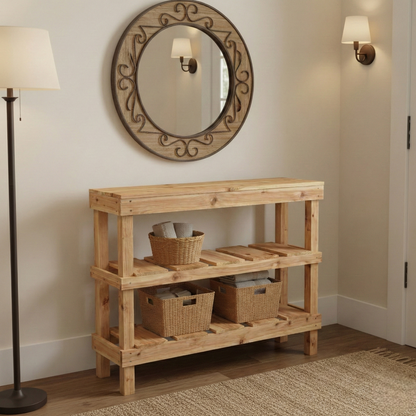 Rustic 3-tier solid wood console table with floating shelves and handmade wood furniture design.
