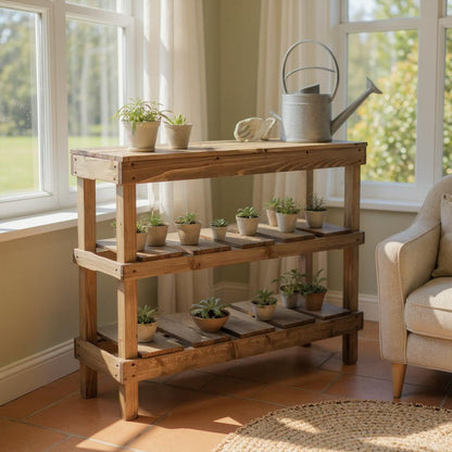 Rustic 3-tier solid wood console table with floating shelves and handmade wood furniture design.