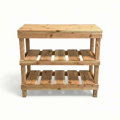 Rustic 3-tier solid wood console table with floating shelves and handmade wood furniture design.