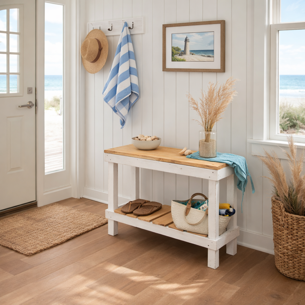 White reclaimed wood farmhouse console table with floating shelf, handmade solid wood furniture.