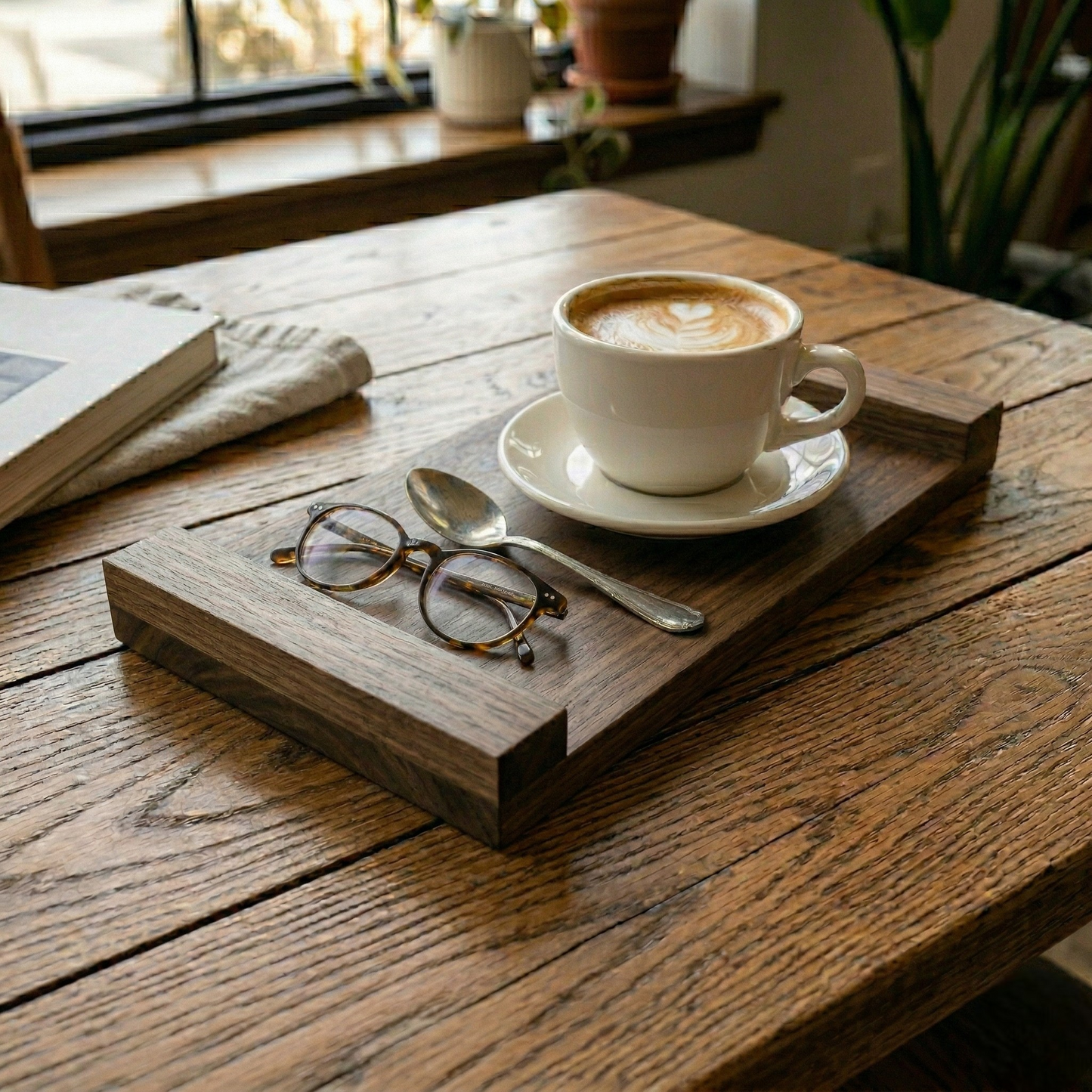 Solid Walnut Serving Tray for Coffee & Tea | 12-15” Length, 9-12” Usable Width | Easy-Grip Handles