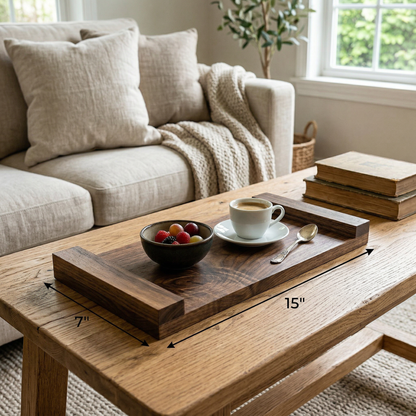 Solid Walnut Serving Tray for Coffee & Tea | 12-15” Length, 9-12” Usable Width | Easy-Grip Handles