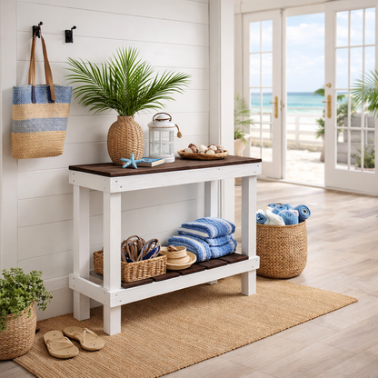 White reclaimed wood farmhouse console table with floating shelf, handmade solid wood furniture.