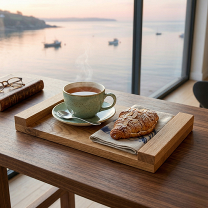 Solid Red Oak Serving Tray for Coffee & Tea | 12-15” Length, 9-12” Usable Width | Easy-Grip Handles