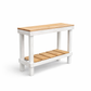 White reclaimed wood farmhouse console table with floating shelf, handmade solid wood furniture.