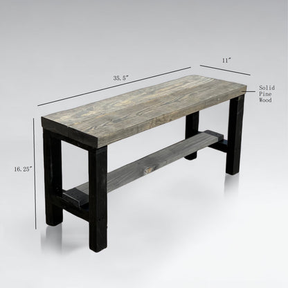 Rustic solid wood entryway bench in grey and white, handmade wood furniture with modern rustic style.