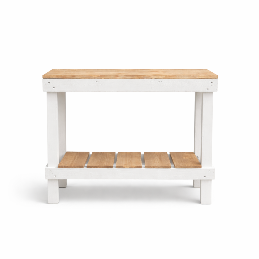 White reclaimed wood farmhouse console table with floating shelf, handmade solid wood furniture.