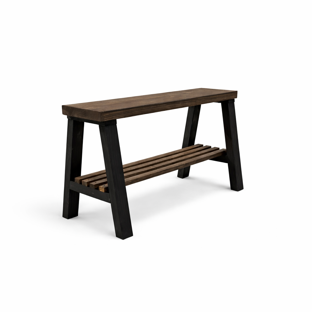 Solid wood furniture entryway bench with dark walnut top, white legs, and lower floating shelf in modern rustic style.
