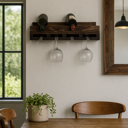 Handmade solid wood wine rack with hanging slots for stemware, modern rustic floating shelf in dark walnut.