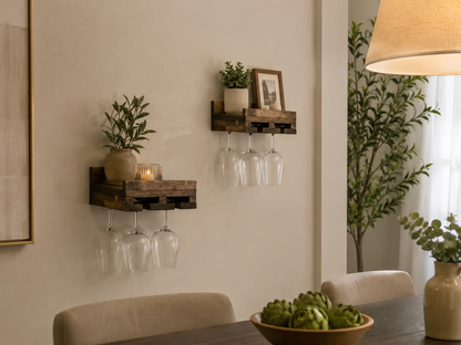 Solid Wood Wall Mounted Wine Rack with Stemware Shelf (Set of 2) - Cask & Timber: Handcrafted Floating Wine Racks with Glass Storage