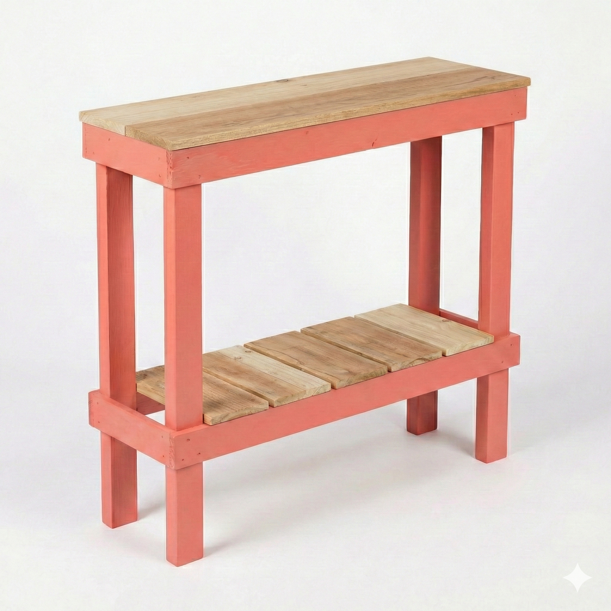 Solid wood handmade console table in navy blue with natural wood top and lower shelf, modern rustic furniture.