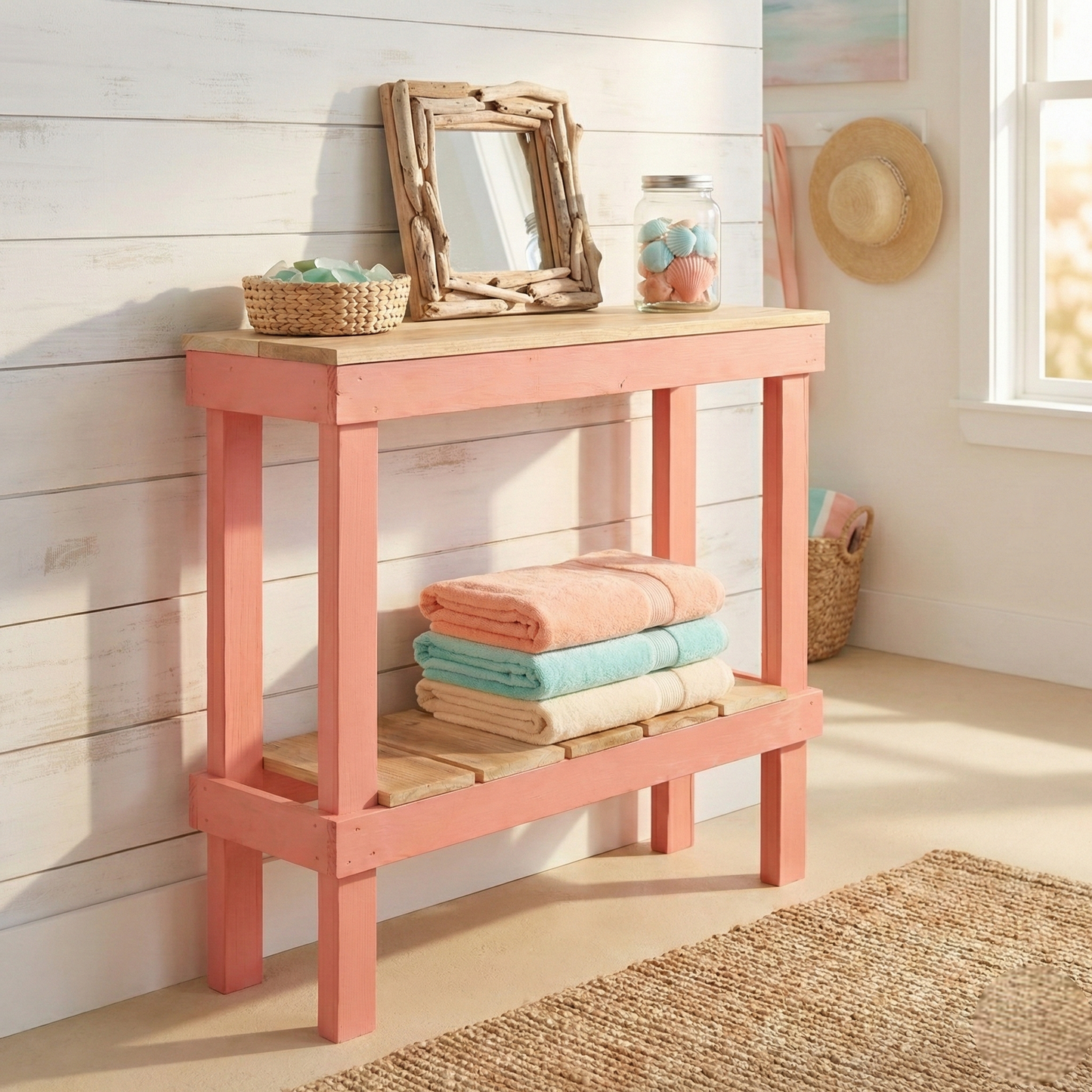 Solid wood handmade console table in navy blue with natural wood top and lower shelf, modern rustic furniture.