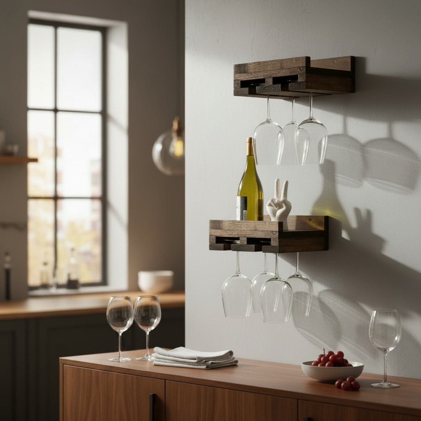 Solid Wood Wall Mounted Wine Rack with Stemware Shelf (Set of 2) - Cask & Timber: Handcrafted Floating Wine Racks with Glass Storage