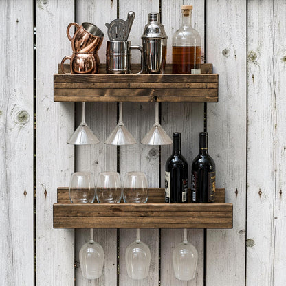 Set of 2 Wall Mounted Wine Racks with Side-Load Stemware Holder, Solid Wood Floating Shelves with Glass Storage