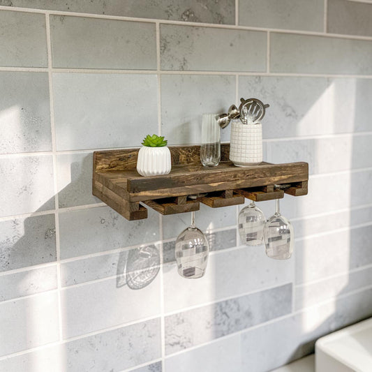 Cask & Timber Stemware Wine Glass Rack: Handcrafted Solid Wood Stemware Holder – Wall Mounted Rustic Bar Storage