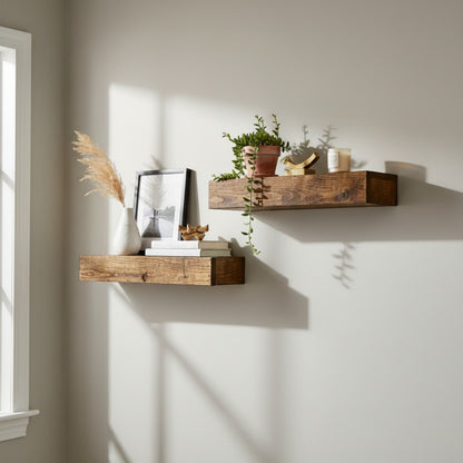 Wood Floating Box Shelves: Set of 2 Handcrafted Solid Wood Shadow Box Shelves – Farmhouse Wall Display