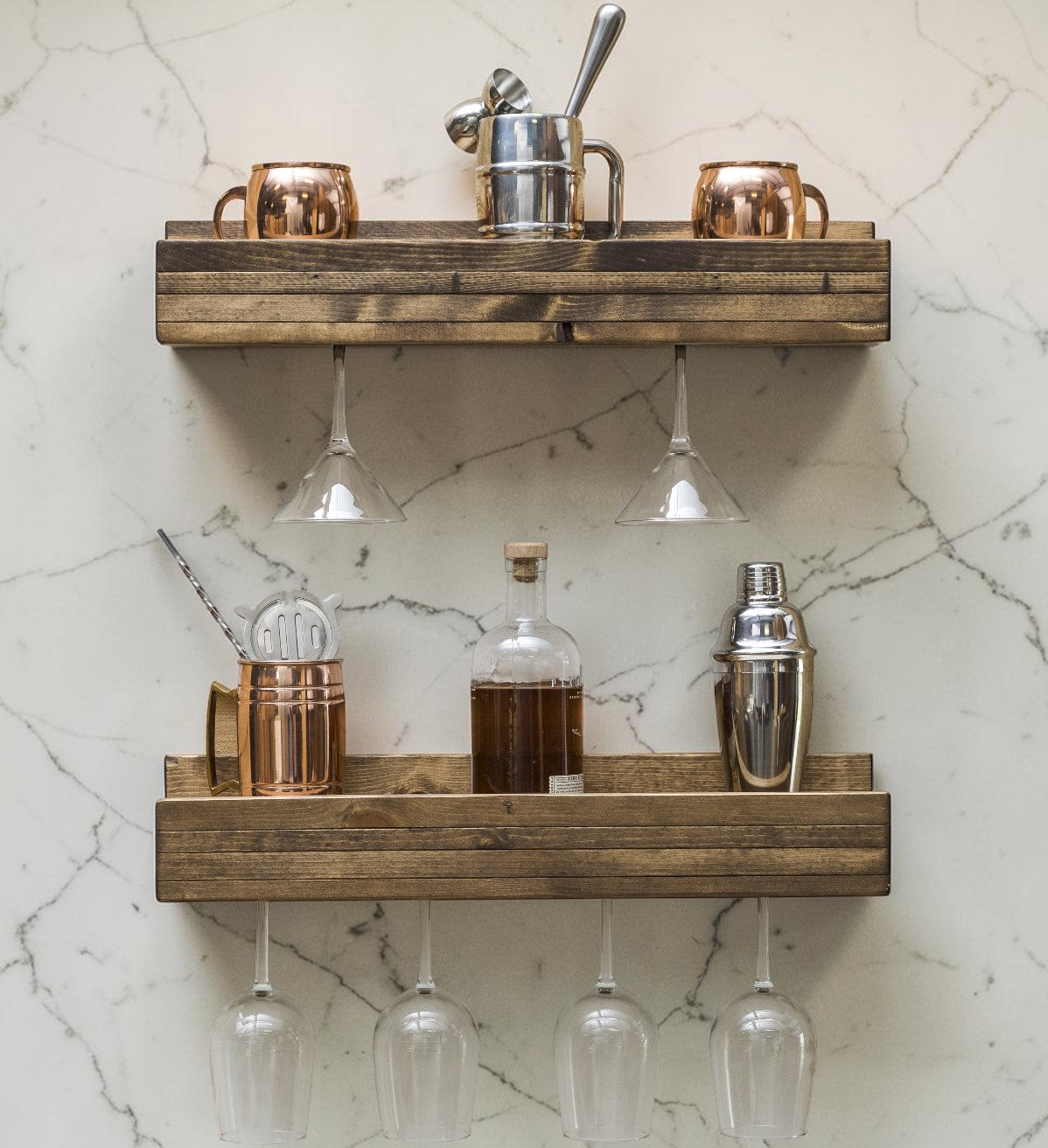 Set of 2 Wall Mounted Wine Racks with Side-Load Stemware Holder, Solid Wood Floating Shelves with Glass Storage