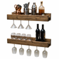 Set of 2 Wall Mounted Wine Racks with Side-Load Stemware Holder, Solid Wood Floating Shelves with Glass Storage