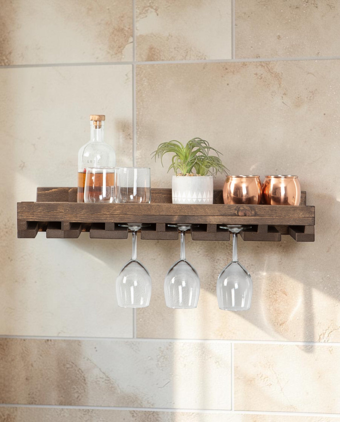 Cask & Timber Stemware Wine Glass Rack: Handcrafted Solid Wood Stemware Holder – Wall Mounted Rustic Bar Storage