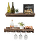 Wall mounted solid wood wine rack with stemware storage and rustic floating shelf in dark walnut finish.