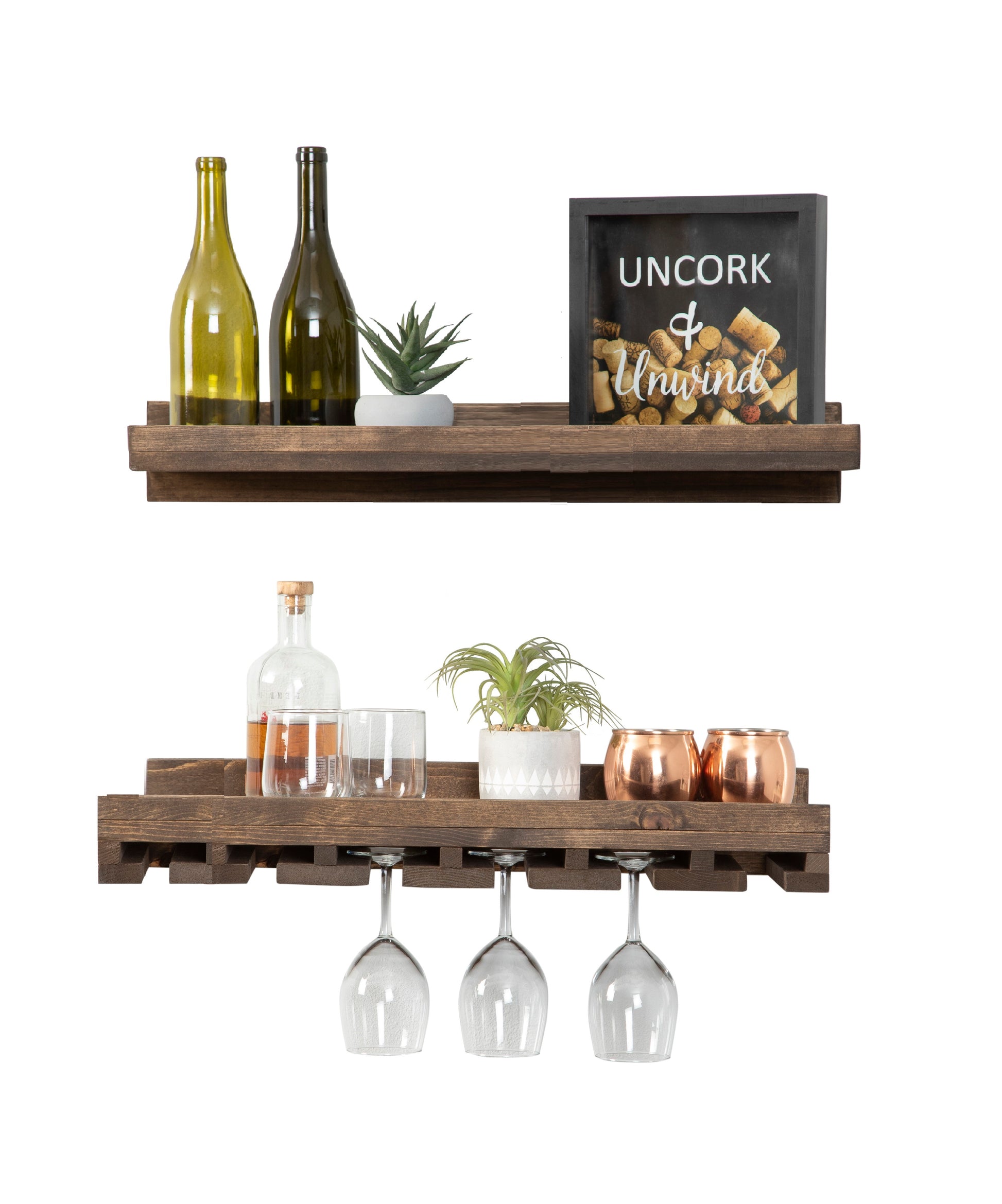Wall mounted solid wood wine rack with stemware storage and rustic floating shelf in dark walnut finish.