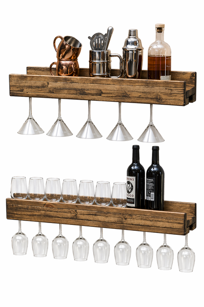 Set of 2 Wall Mounted Wine Racks with Side-Load Stemware Holder, Solid Wood Floating Shelves with Glass Storage