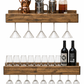 Set of 2 Wall Mounted Wine Racks with Side-Load Stemware Holder, Solid Wood Floating Shelves with Glass Storage