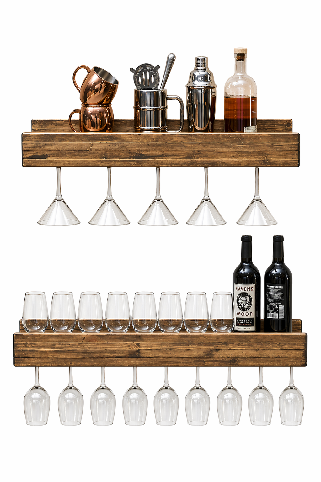 Set of 2 Wall Mounted Wine Racks with Side-Load Stemware Holder, Solid Wood Floating Shelves with Glass Storage