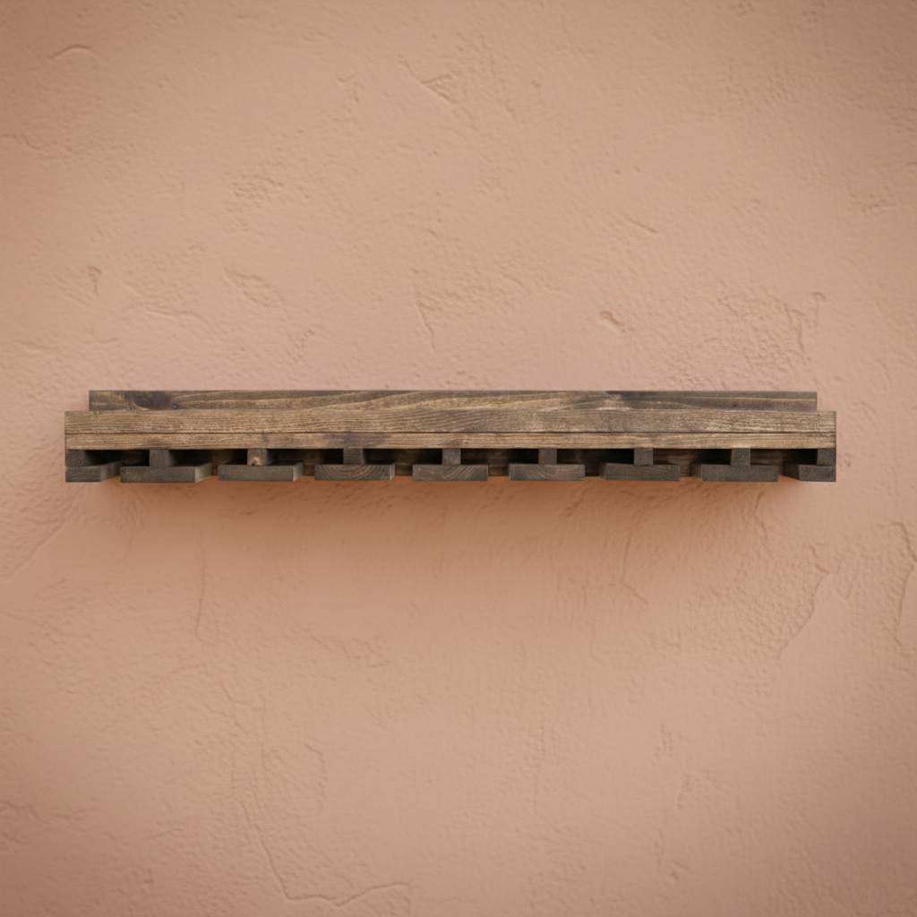 Wall-mounted wine rack in dark walnut, handmade solid wood furniture with slots for stemware, modern rustic style floating.