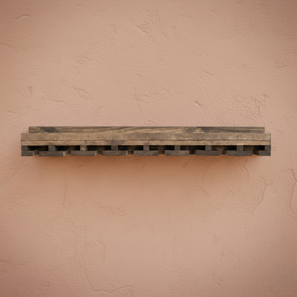Wall-mounted wine rack in dark walnut, handmade solid wood furniture with slots for stemware, modern rustic style floating.