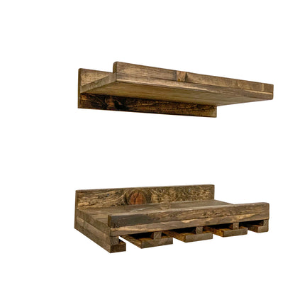 Wall mounted solid wood wine rack with stemware storage and rustic floating shelf in dark walnut finish.