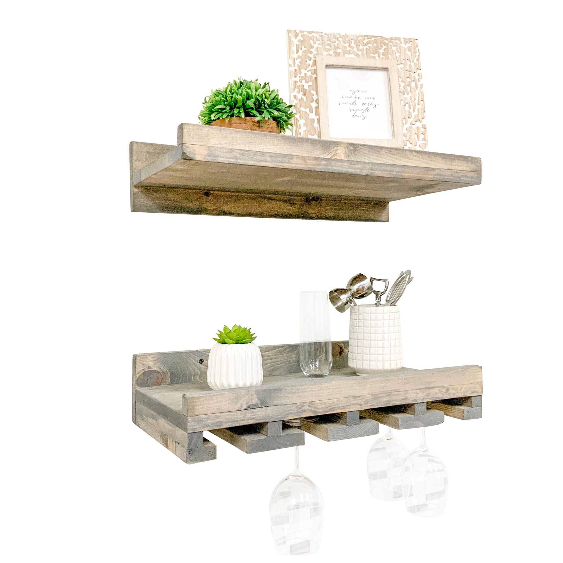 Wall mounted solid wood wine rack with stemware storage and rustic floating shelf in dark walnut finish.