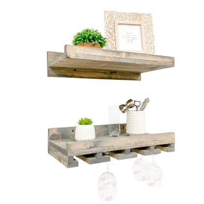 Wall mounted solid wood wine rack with stemware storage and rustic floating shelf in dark walnut finish.