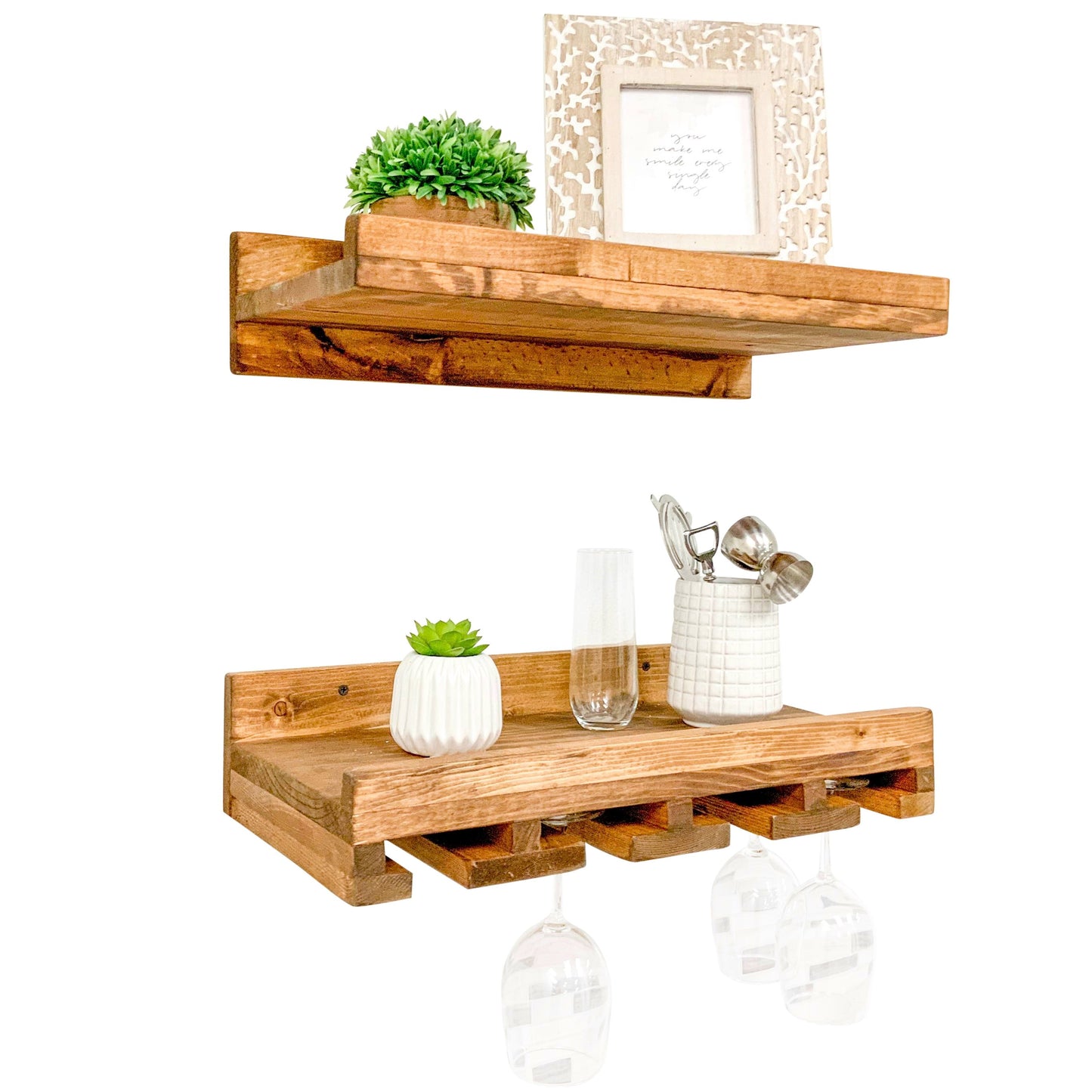 Wall mounted solid wood wine rack with stemware storage and rustic floating shelf in dark walnut finish.