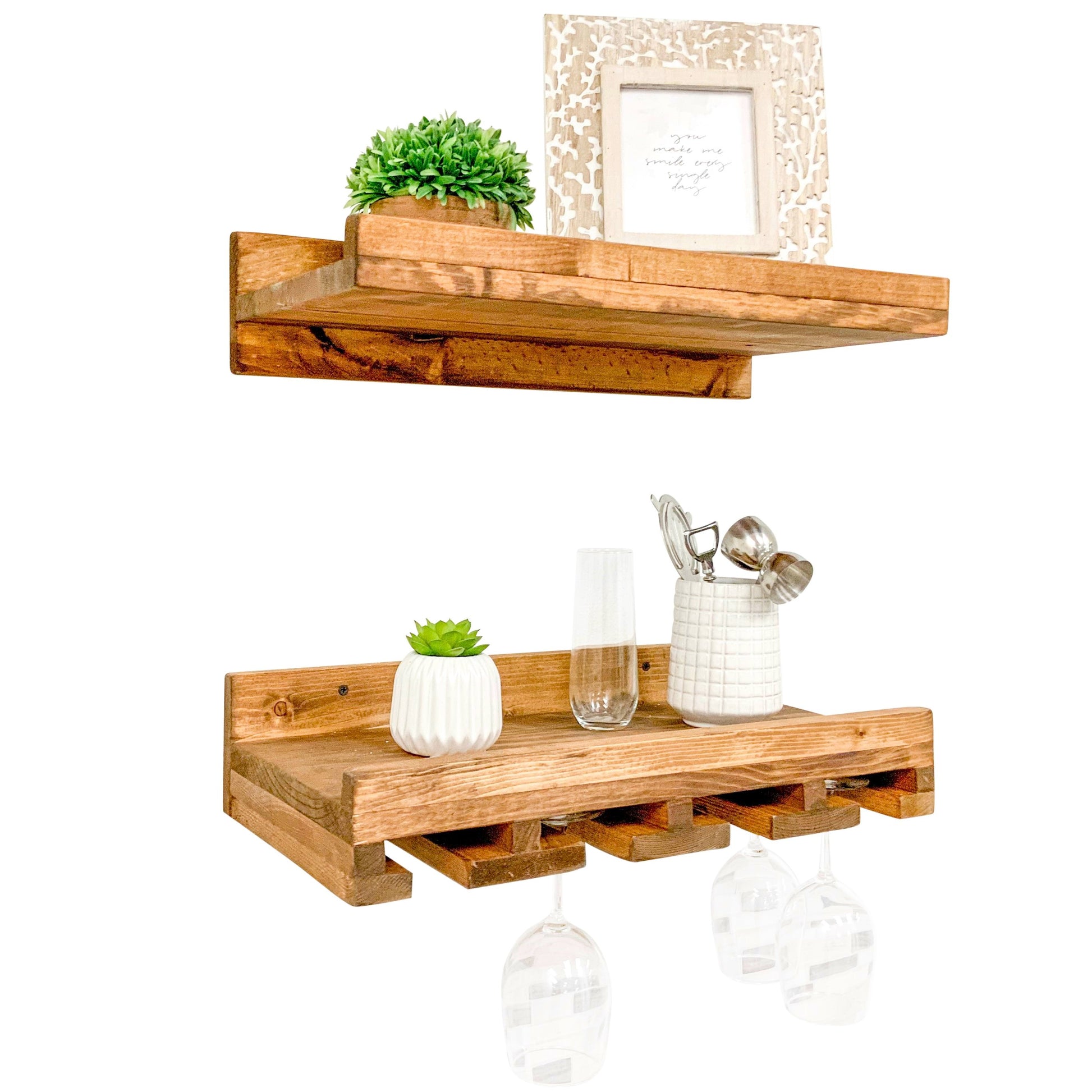 Wall mounted solid wood wine rack with stemware storage and rustic floating shelf in dark walnut finish.