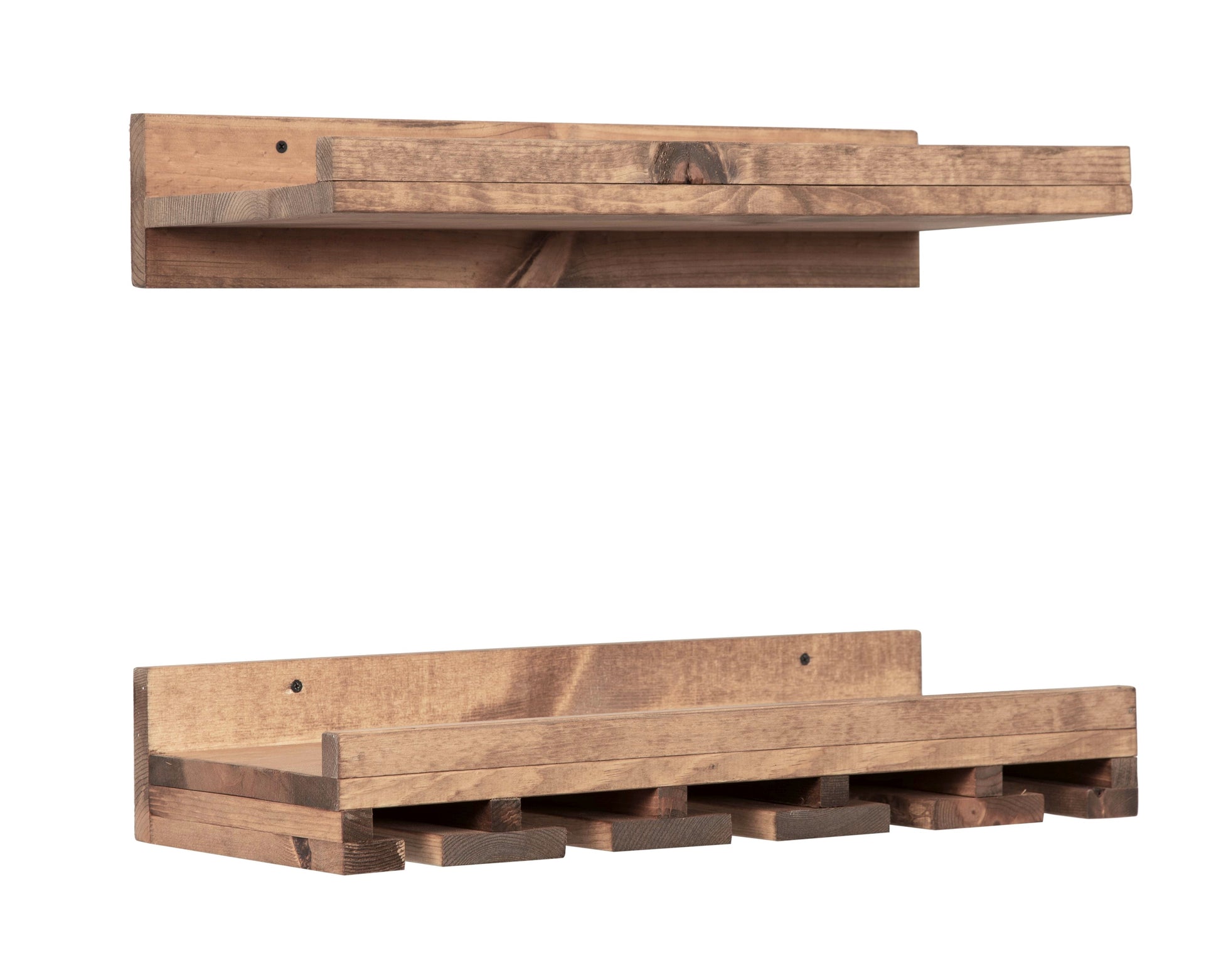 Wall mounted solid wood wine rack with stemware storage and rustic floating shelf in dark walnut finish.