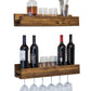 Set of 2 Wall Mounted Wine Racks with Side-Load Stemware Holder, Solid Wood Floating Shelves with Glass Storage