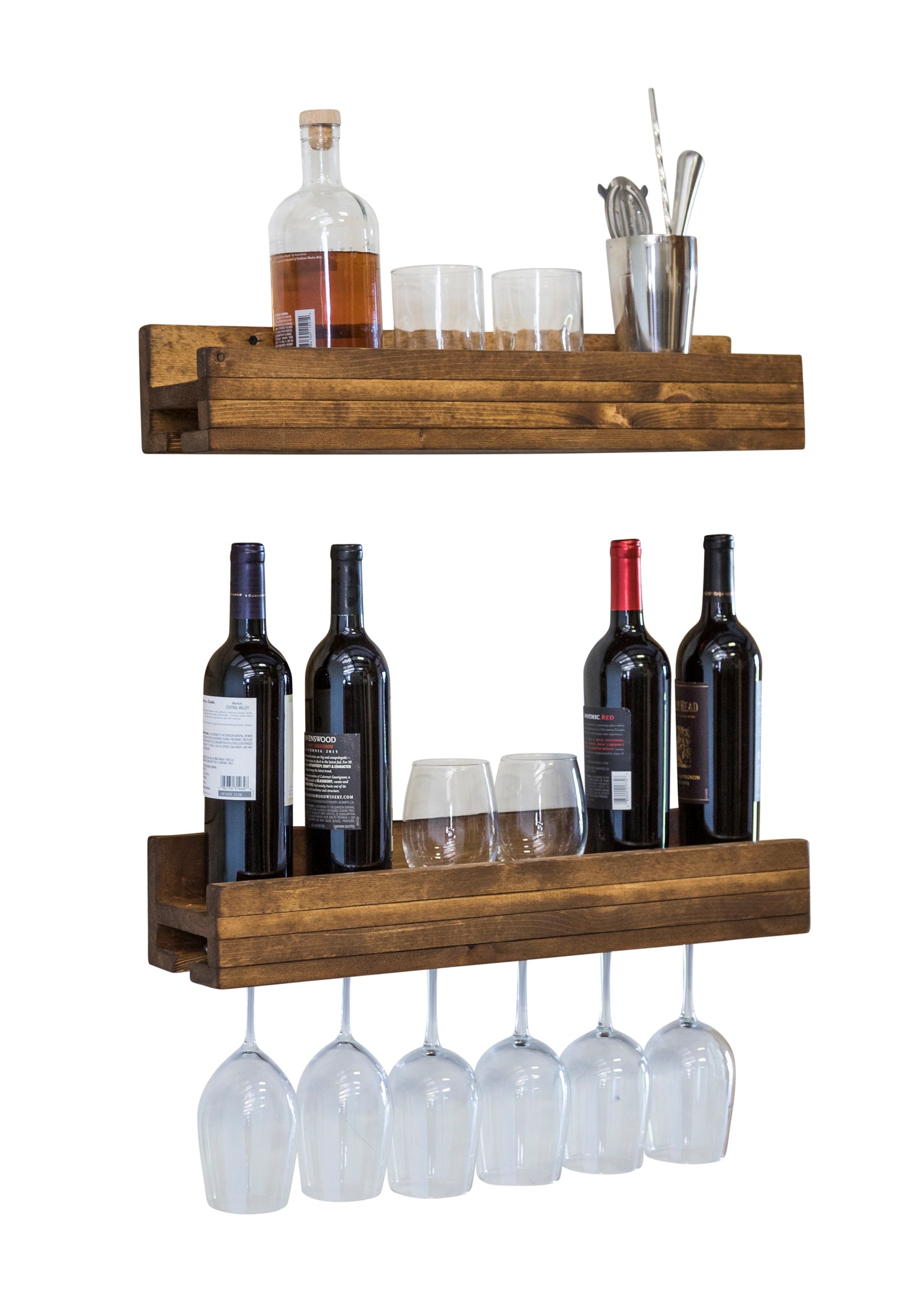 Set of 2 Wall Mounted Wine Racks with Side-Load Stemware Holder, Solid Wood Floating Shelves with Glass Storage