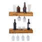 Set of 2 Wall Mounted Wine Racks with Side-Load Stemware Holder, Solid Wood Floating Shelves with Glass Storage