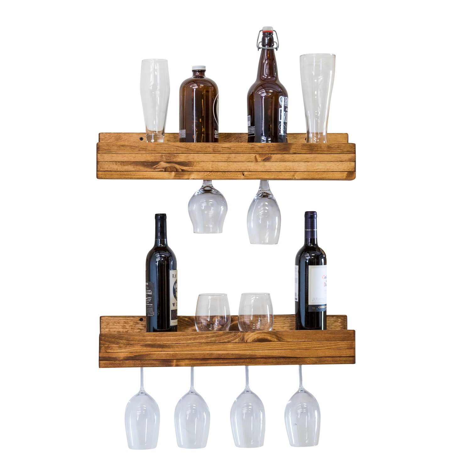Set of 2 Wall Mounted Wine Racks with Side-Load Stemware Holder, Solid Wood Floating Shelves with Glass Storage