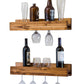 Set of 2 Wall Mounted Wine Racks with Side-Load Stemware Holder, Solid Wood Floating Shelves with Glass Storage